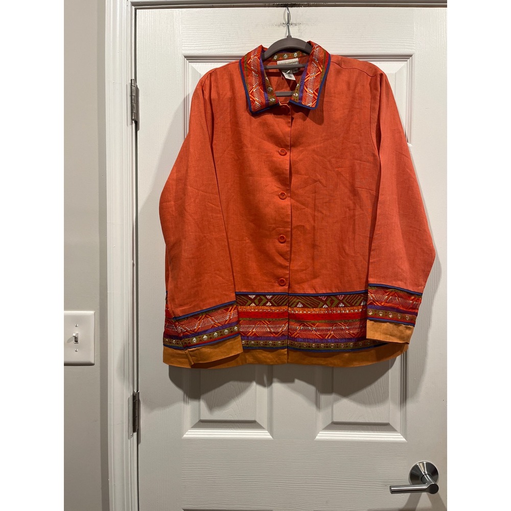 Coldwater Creek Orange Linen Blend Embroidered Trim Button Front Jacket 1X